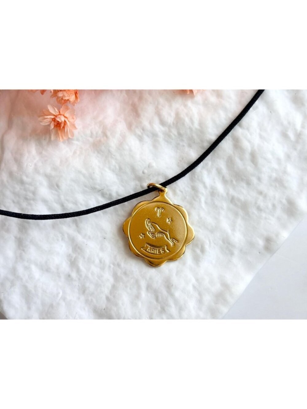 Aries Zodiac Scalloped Gold Toned Vintage Pendant Necklace w/ Black Rope - 26" - Picture 12 of 16